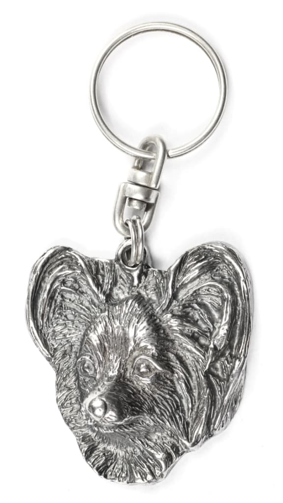 Papillon, Continental Spaniel - silverpläterad nyckelring med en hund i en dekorativ låda, handväska dekoration, ryggsäckshänge från Art-Dog