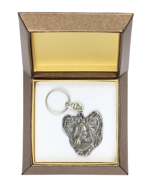 Papillon, Continental Spaniel - silverpläterad nyckelring med en hund i en dekorativ låda, handväska dekoration, ryggsäckshänge från Art-Dog