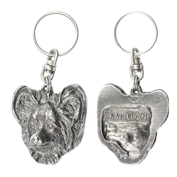 Papillon, Continental Spaniel - silverpläterad nyckelring med en hund i en dekorativ låda, handväska dekoration, ryggsäckshänge från Art-Dog