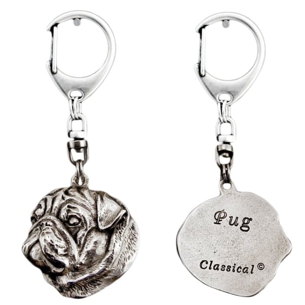 Mops, Mops, Carlin I - silverpläterad nyckelring med en hund i presentförpackning, handväska dekoration, ryggsäckshänge från Art-Dog