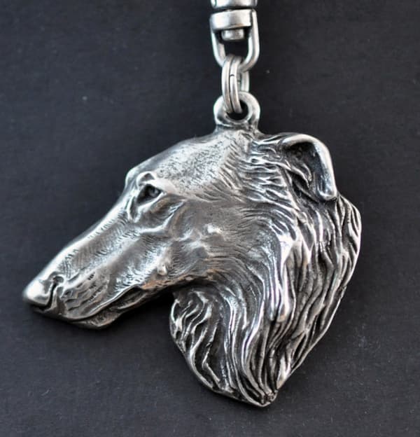 Russisk Borzoi, Borzoi, Barzoi - forsølvet nøglering med en hund i gaveæske, håndtaskedekoration, rygsækvedhæng fra Art-Dog