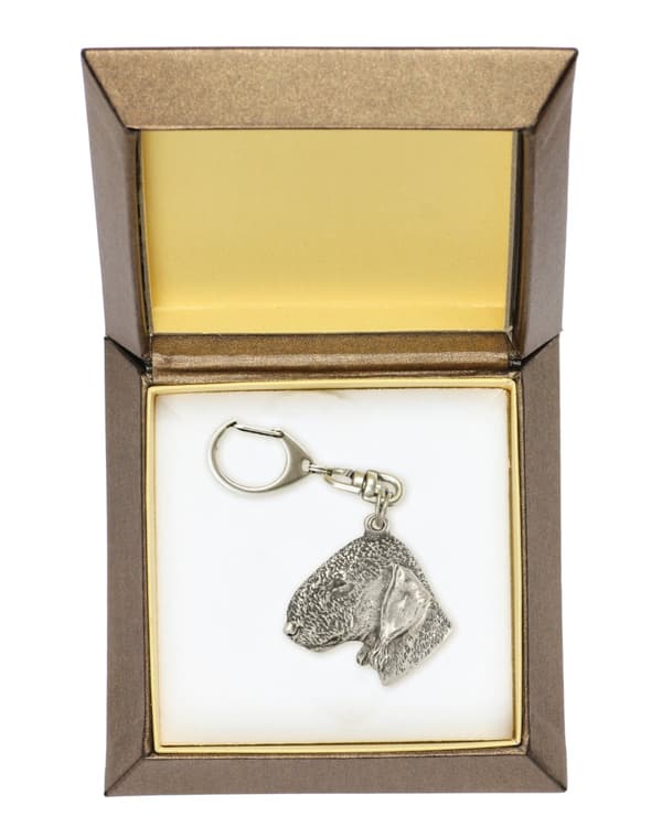 Bedlington Terrier, Rothbury Terrier - silverpläterad nyckelring med en hund i presentask, handväska dekoration, ryggsäckshänge från Art-Dog