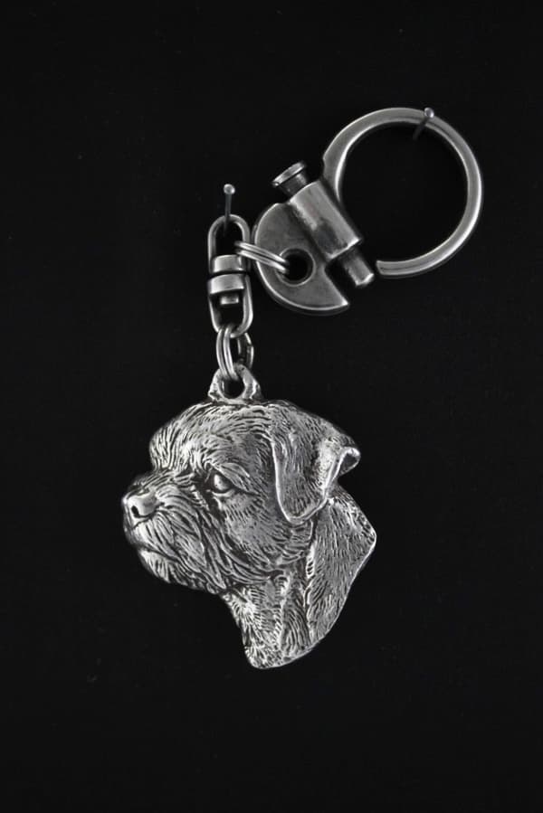Border Terrier - silverpläterad nyckelring med en hund i presentask, handväska dekoration, ryggsäckshänge från Art-Dog