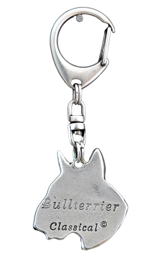 Bullterrieri, Bullterrieri III - hopeoitu avaimenperä koiralla lahjarasiassa, käsilaukun koristelu, reppuriipus Art-Dogilta