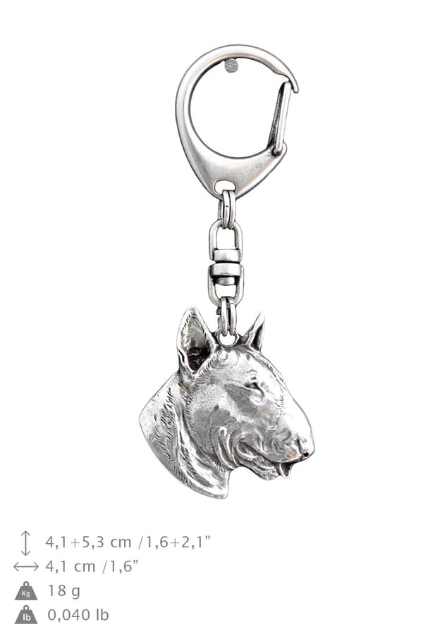 Bullterrieri, Bullterrieri III - hopeoitu avaimenperä koiralla lahjarasiassa, käsilaukun koristelu, reppuriipus Art-Dogilta
