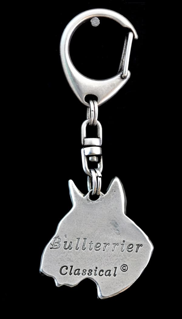 Bullterrieri, Bullterrieri III - hopeoitu avaimenperä koiralla lahjarasiassa, käsilaukun koristelu, reppuriipus Art-Dogilta