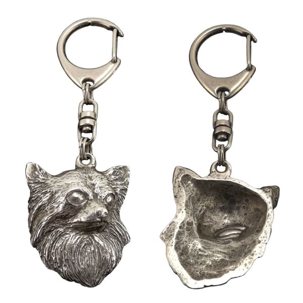 Långhårig Chihuahua - silverpläterad nyckelring med en hund i presentask, handväska dekoration, ryggsäckshänge från Art-Dog