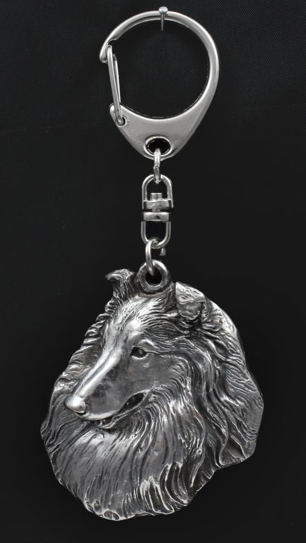 Långhårig Scottish Shepherd, Collie rough - silverpläterad nyckelring med en hund i presentask, handväska dekoration, ryggsäckshänge från Art-Dog