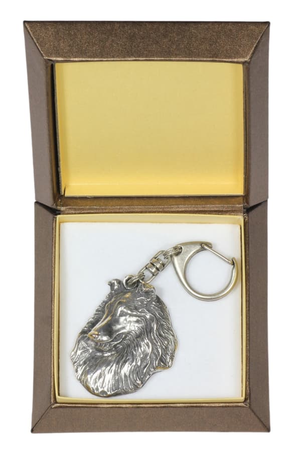 Långhårig Scottish Shepherd, Collie rough - silverpläterad nyckelring med en hund i presentask, handväska dekoration, ryggsäckshänge från Art-Dog
