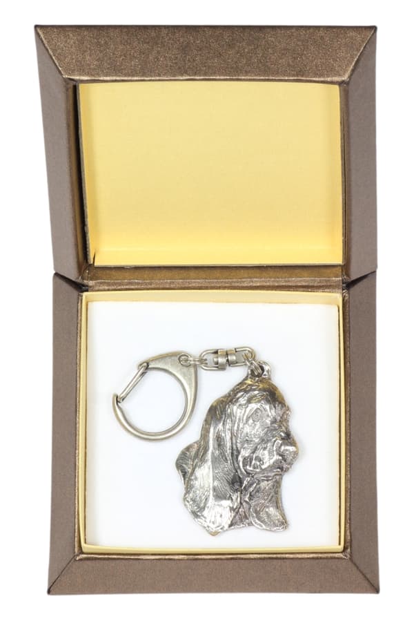 Basset Hound II - silverpläterad nyckelring med en hund i presentförpackning, handväska dekoration, ryggsäckshänge från Art-Dog