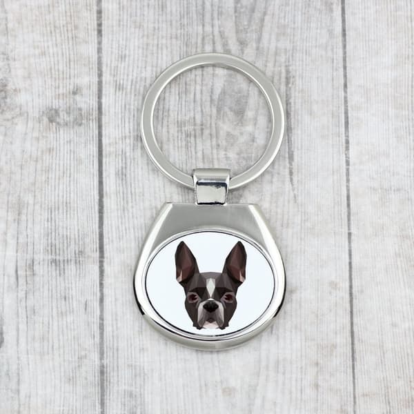 Boston Terrier, Boston Bull Terrier - geometrisk nyckelring med ett foto och inskriptionen Art-Dog