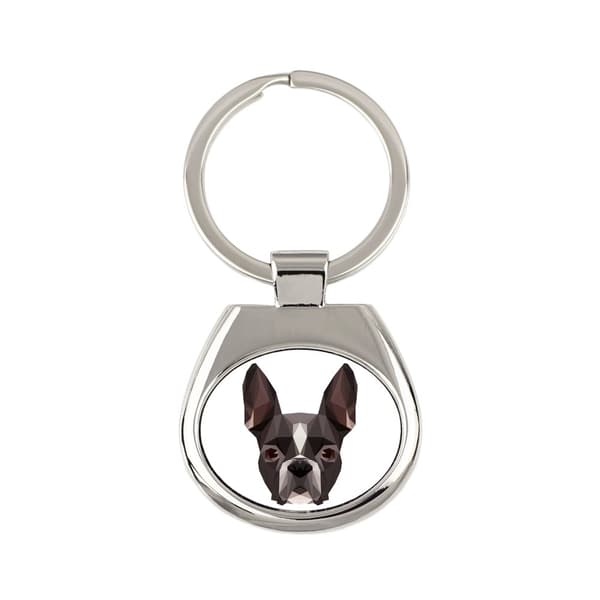 Boston Terrier, Boston Bull Terrier - geometrisk nyckelring med ett foto och inskriptionen Art-Dog