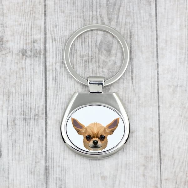 Korthårig Chihuahua - geometrisk nyckelring med ett foto och inskriptionen Art-Dog