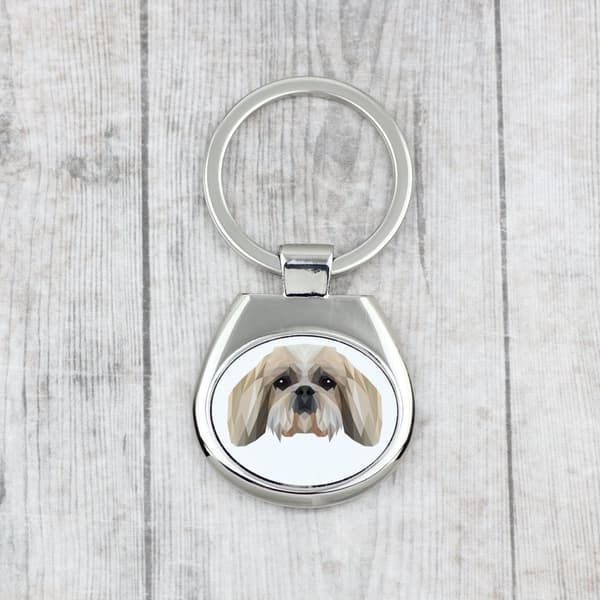 Shih Tzu, Shi tsu, Shi-Tzu, Szi-cu, Szitzu - geometrisk nøglering med et foto og inskriptionen Art-Dog