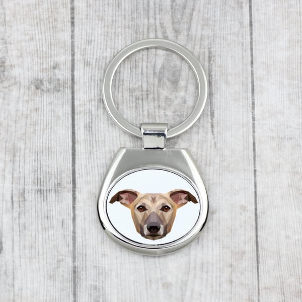 Whippet, engelsk vinthund - geometrisk nyckelring med ett foto och inskriptionen Art-Dog