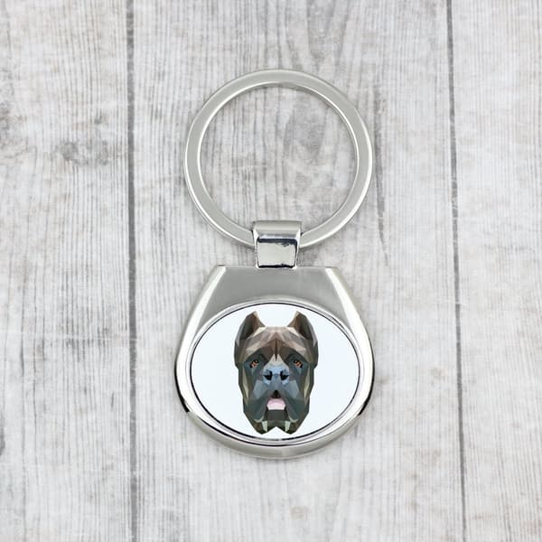 Cane Corso Italiano - geometrisk nyckelring med ett foto och inskriptionen Art-Dog
