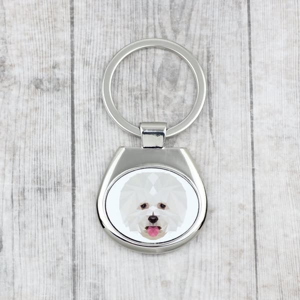 Bichon Frise, Teneriffan koira - geometrinen avaimenperä, jossa on valokuva ja kirjoitus Art-Dog