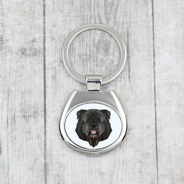 Bouvier des Flandres - geometrisk nyckelring med ett foto och inskriptionen Art-Dog