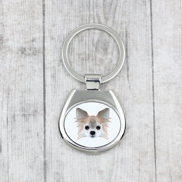 Långhårig Chihuahua - geometrisk nyckelring med ett foto och inskriptionen Art-Dog