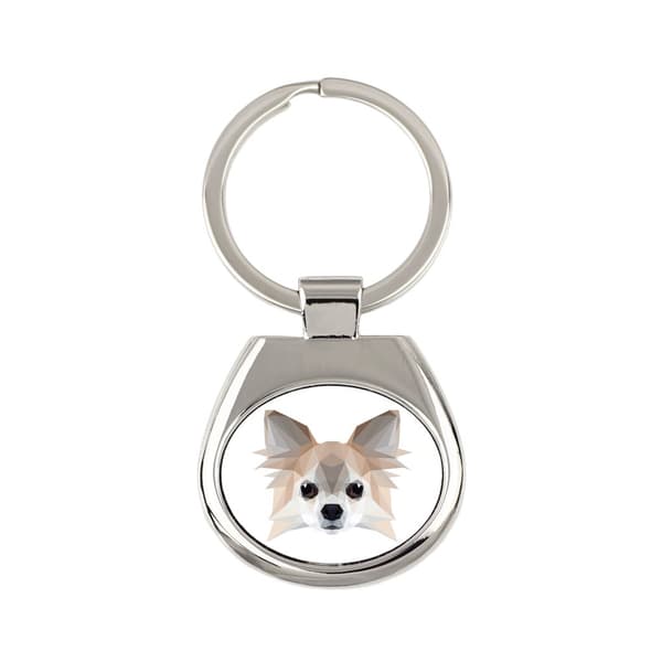 Långhårig Chihuahua - geometrisk nyckelring med ett foto och inskriptionen Art-Dog