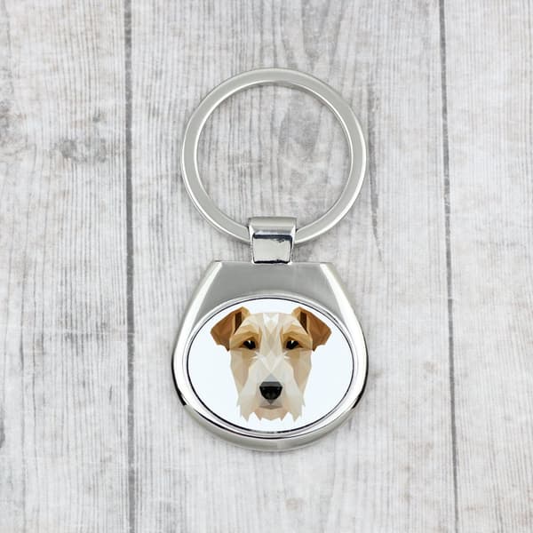 Trådhårig foxterrier - geometrisk nyckelring med ett foto och inskriptionen Art-Dog