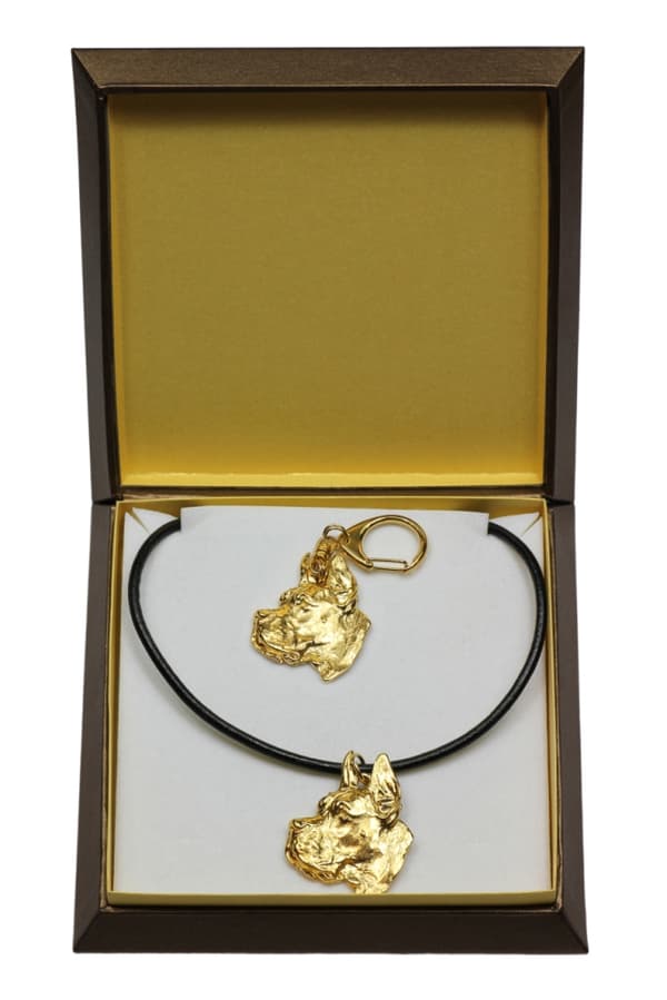 Great Dane I - nyckelring och halsband med en hund i en låda, högkvalitativ guldpläterad produkt, Art-Dog varumärke