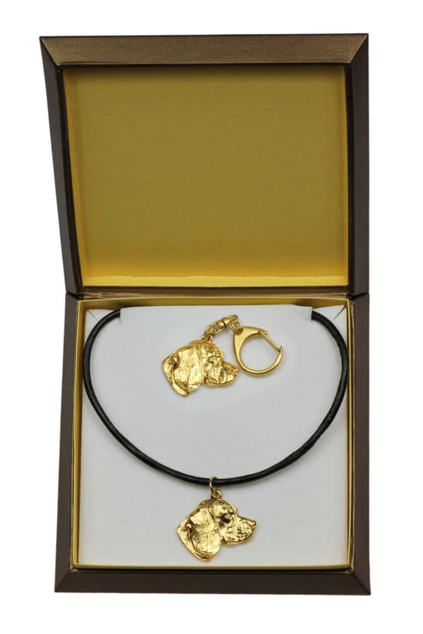 Beagle - nyckelring och halsband med en hund i en låda, högkvalitativ guldpläterad produkt, Art-Dog varumärke