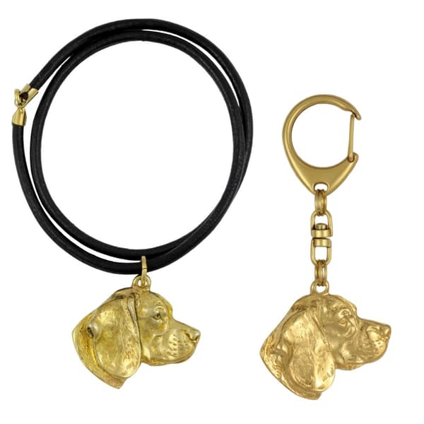 Beagle - nyckelring och halsband med en hund i en låda, högkvalitativ guldpläterad produkt, Art-Dog varumärke