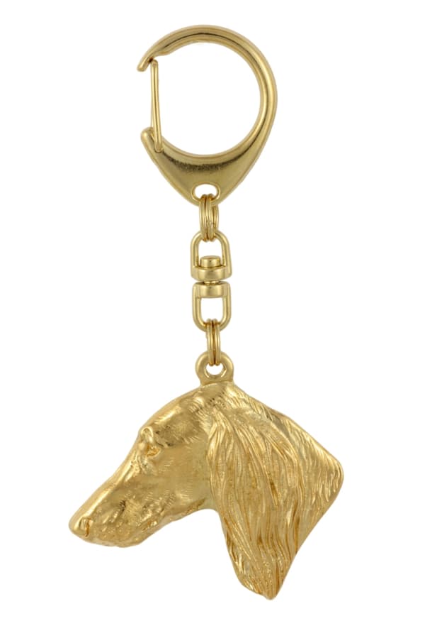 Persisk vinthund, Saluki - nyckelring och halsband med en hund i en låda, högkvalitativ guldpläterad produkt, Art-Dog varumärke