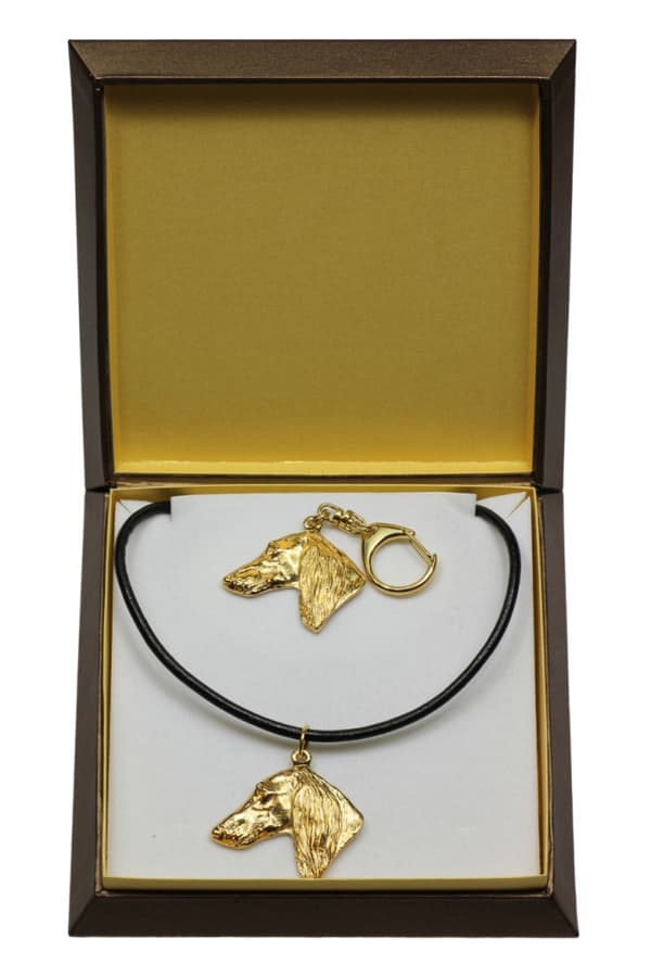 Persisk vinthund, Saluki - nyckelring och halsband med en hund i en låda, högkvalitativ guldpläterad produkt, Art-Dog varumärke