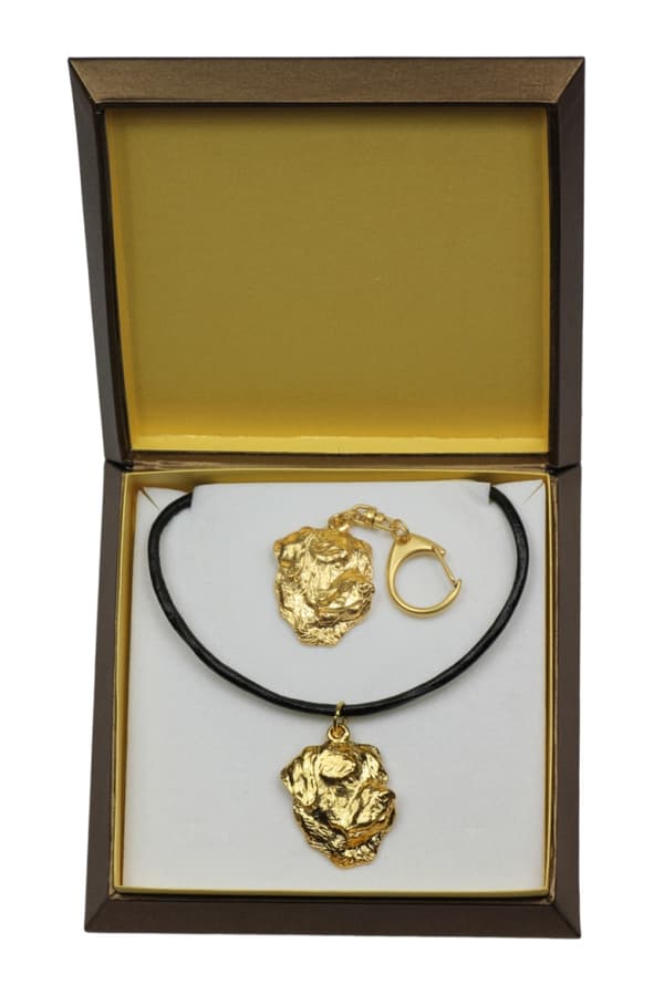 Rottweiler I - nyckelring och halsband med en hund i en låda, högkvalitativ guldpläterad produkt, Art-Dog varumärke