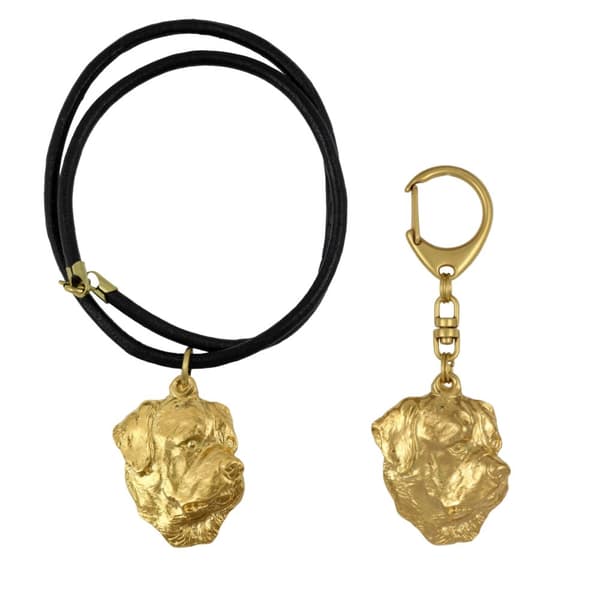 Rottweiler I - nyckelring och halsband med en hund i en låda, högkvalitativ guldpläterad produkt, Art-Dog varumärke