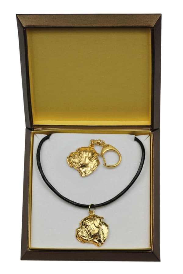 Bullmastiff, Bulmastiff - nyckelring och halsband med en hund i en låda, högkvalitativ guldpläterad produkt, Art-Dog varumärke