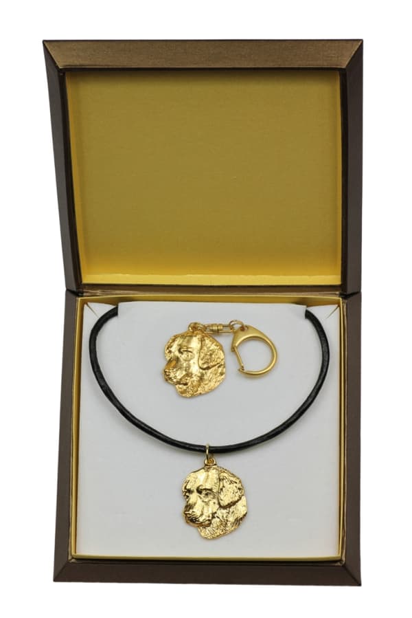 Golden Retriever - nyckelring och halsband med en hund i en låda, högkvalitativ guldpläterad produkt, Art-Dog varumärke