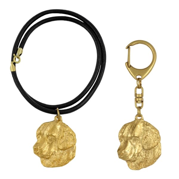 Golden Retriever - nyckelring och halsband med en hund i en låda, högkvalitativ guldpläterad produkt, Art-Dog varumärke