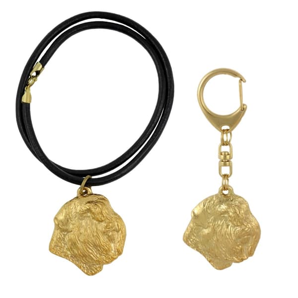 Bouvier des Flandres - nyckelring och halsband med en hund i en låda, högkvalitativ guldpläterad produkt, Art-Dog varumärke