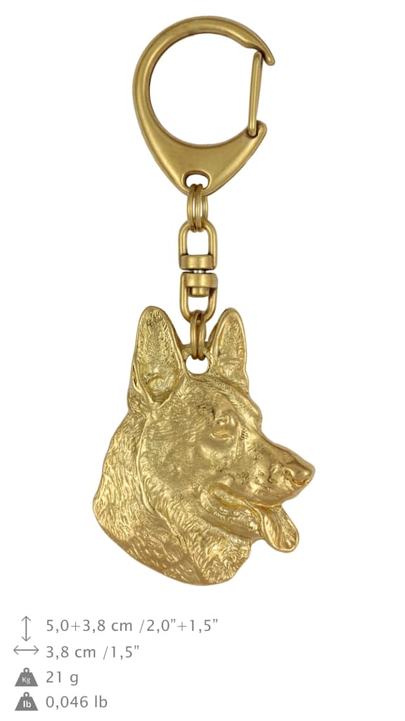 Schæferhund, Alsace - nøglering og halskæde med hund i æske, højkvalitets guldbelagt produkt, Art-Dog brand