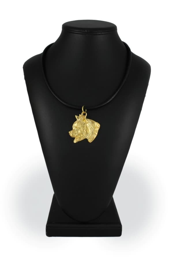 American Staffordshire terrier, Amstaff, Amstaf I - nyckelring och halsband med hund i låda, högkvalitativ guldpläterad produkt, Art-Dog varumärke