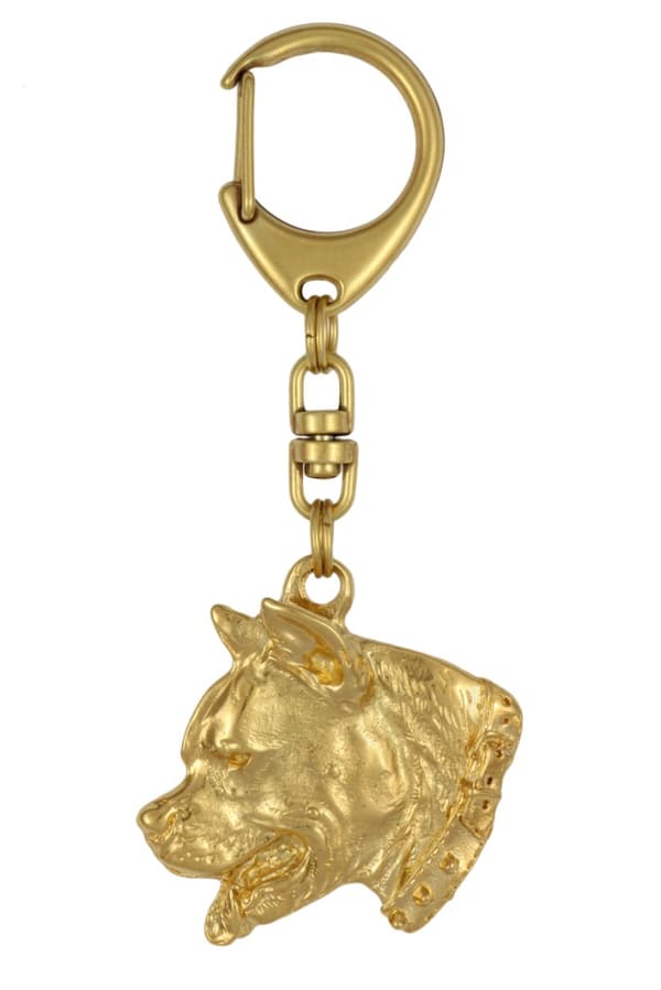 American Staffordshire terrier, Amstaff, Amstaf I - nyckelring och halsband med hund i låda, högkvalitativ guldpläterad produkt, Art-Dog varumärke