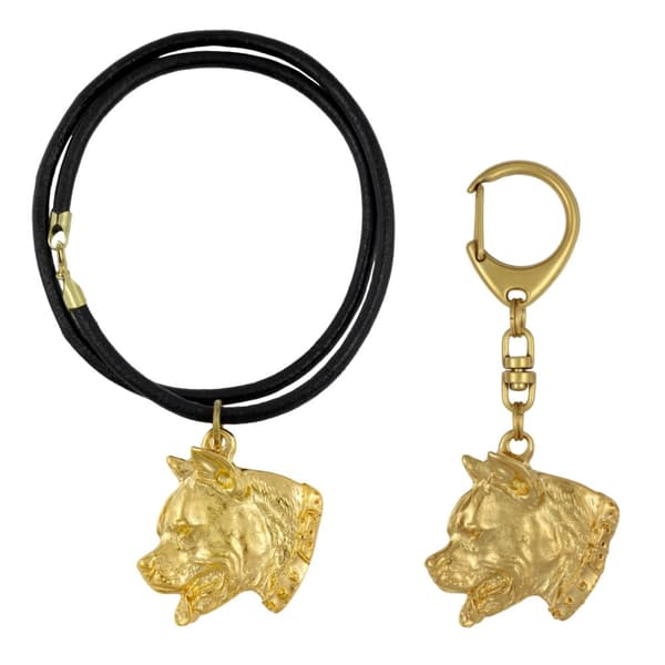 American Staffordshire terrier, Amstaff, Amstaf I - nyckelring och halsband med hund i låda, högkvalitativ guldpläterad produkt, Art-Dog varumärke