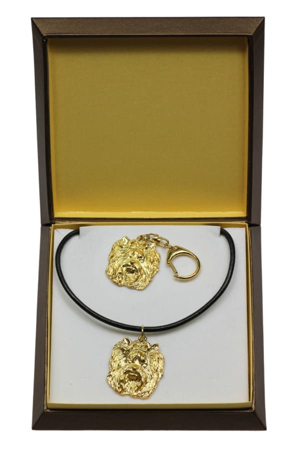 Yorkshire Terrier, York, York, Yorkie I - nyckelring och halsband med en hund i en låda, högkvalitativ guldpläterad produkt, Art-Dog varumärke