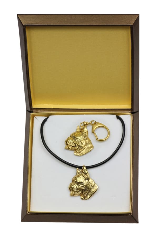 Boxer, Boxer - nyckelring och halsband med en hund i en låda, högkvalitativ guldpläterad produkt, Art-Dog varumärke