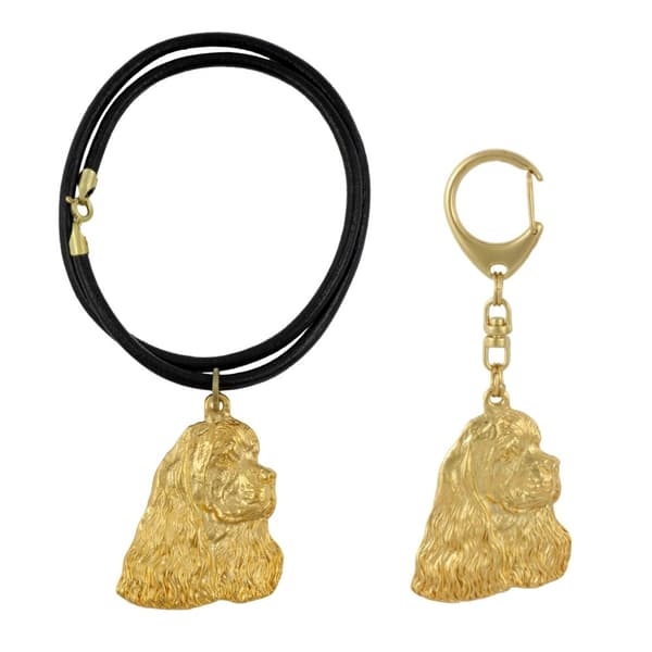 American Cocker Spaniel - nyckelring och halsband med en hund i en låda, högkvalitativ guldpläterad produkt, Art-Dog varumärke
