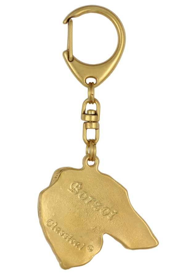 Rysk Borzoi Greyhound, Borzoi, Barzoi - nyckelring och halsband med en hund i en låda, högkvalitativ guldpläterad produkt, Art-Dog varumärke