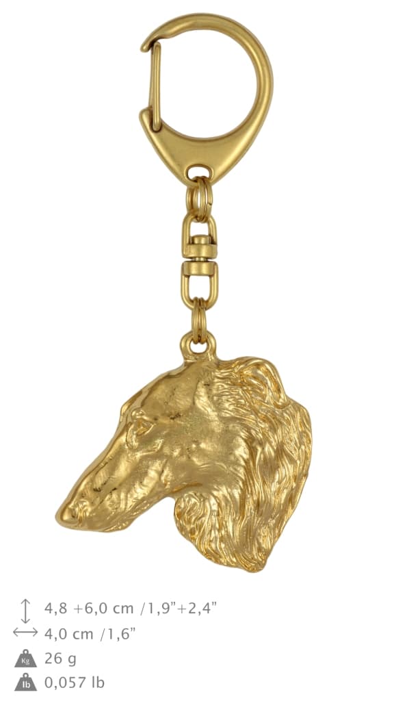 Rysk Borzoi Greyhound, Borzoi, Barzoi - nyckelring och halsband med en hund i en låda, högkvalitativ guldpläterad produkt, Art-Dog varumärke