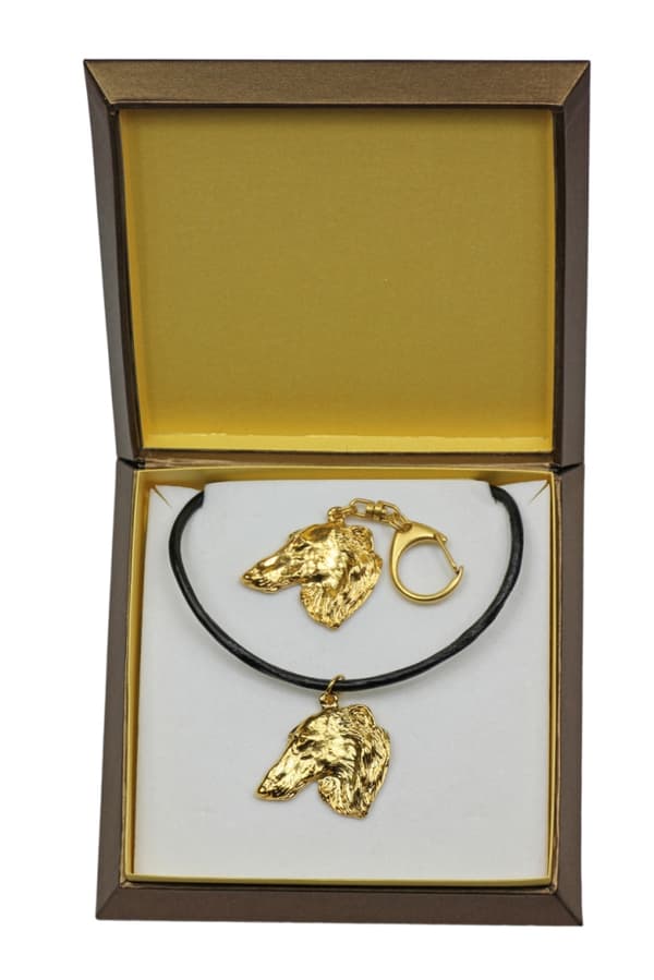 Rysk Borzoi Greyhound, Borzoi, Barzoi - nyckelring och halsband med en hund i en låda, högkvalitativ guldpläterad produkt, Art-Dog varumärke