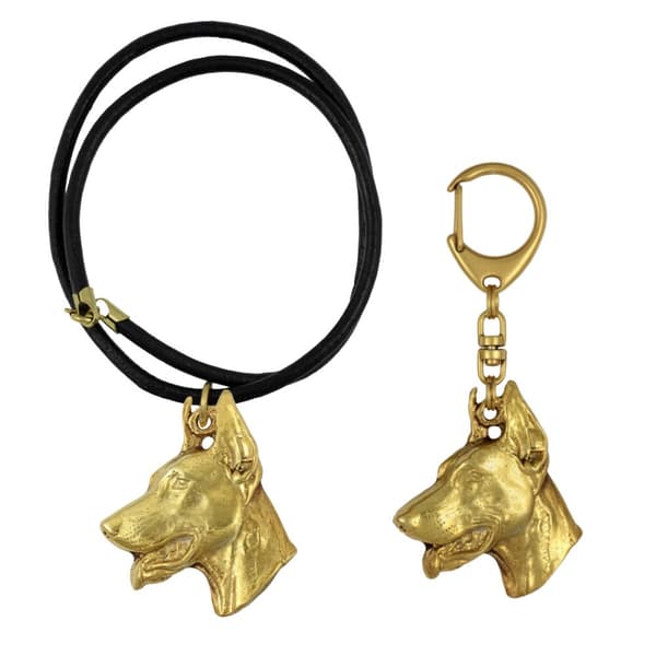 Doberman, Dobermann I - nyckelring och halsband med en hund i en låda, högkvalitativ guldpläterad produkt, Art-Dog varumärke
