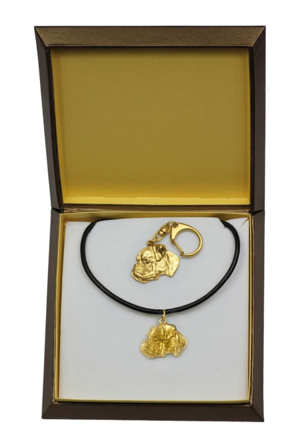 Boxer, Boxer I - nyckelring och halsband med en hund i en låda, högkvalitativ guldpläterad produkt, Art-Dog varumärke