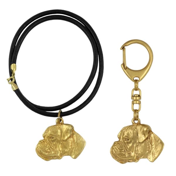 Boxer, Boxer I - nyckelring och halsband med en hund i en låda, högkvalitativ guldpläterad produkt, Art-Dog varumärke
