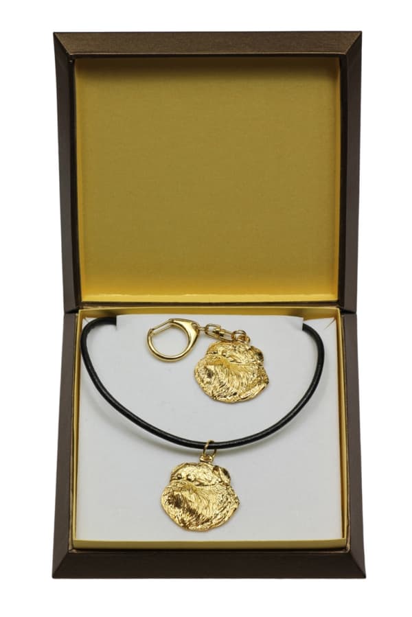 Bryssel Griffon, Griffon bruxellois I - nyckelring och halsband med en hund i en låda, högkvalitativ guldpläterad produkt, Art-Dog varumärke